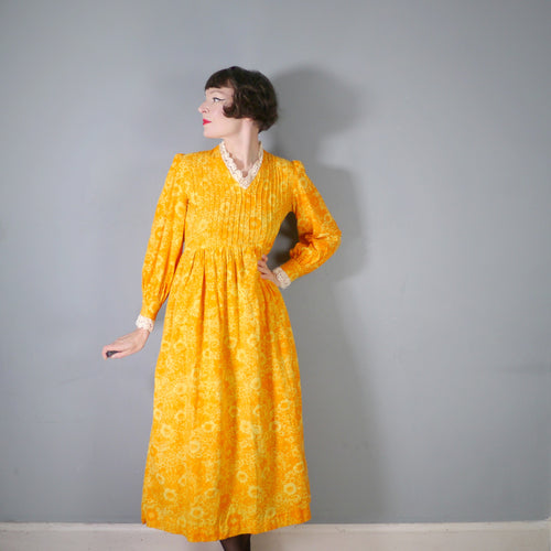 70s LAURA ASHLEY? YELLOW AND ORANGE FLORAL PRAIRIE COTTON MAXI DRESS - S-M