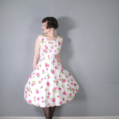 50s 60s PINK ROSE PRINT FLORAL FIT AND FLARE COTTON DRESS - L