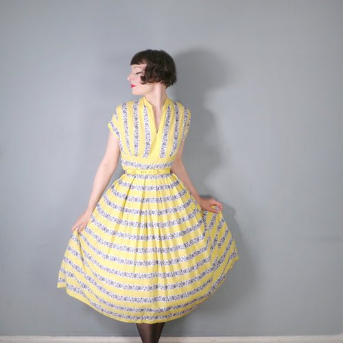 50s ST MICHAEL YELLOW STRIPE AND BORDER FLORAL FULL SKIRTED DRESS - L / volup