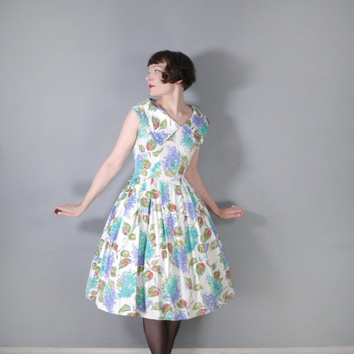 50s LEAF PRINT SOFT RAYON FULL SKIRTED SHAWL COLLAR DRESS - S