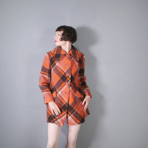 60s 70s ORANGE PLAID CHECK A-LINE SWING MINI WOOL COAT - S-M