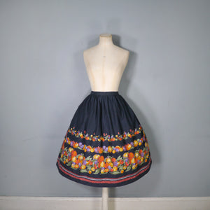 80s does 50s BLACK FRUIT BORDER PRINT FULL SKIRT - 29-30"
