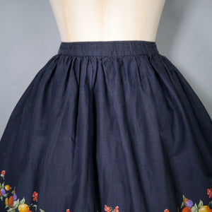 80s does 50s BLACK FRUIT BORDER PRINT FULL SKIRT - 29-30"