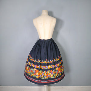 80s does 50s BLACK FRUIT BORDER PRINT FULL SKIRT - 29-30"