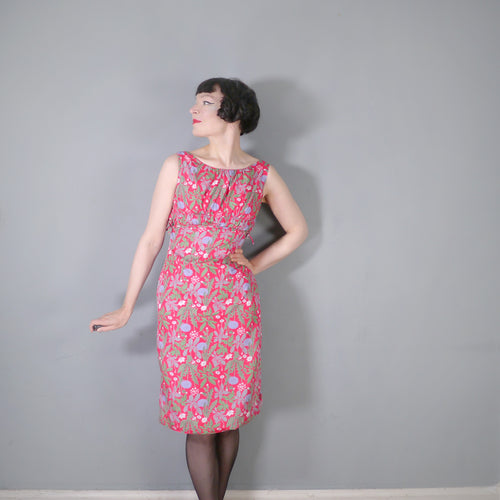 60s HOT PINK FRANK USHER WIGGLE DRESS WITH DANDELION FLORAL PRINT - S