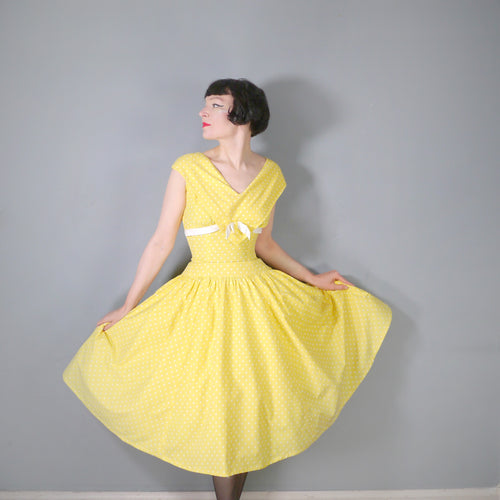 50s HORROCKSES FASHIONS YELLOW POLKA DOT FULL SKIRTED COTTON DRESS - XS