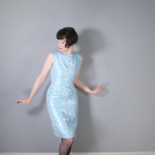 60s ICE BLUE AND SILVER POLKA DOT METALLIC WIGGLE DRESS WITH LACE UP BACK - XS