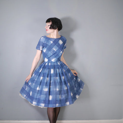 60s HERMAN MARCUS BRIGHT BLUE AND WHITE CHECK DAY DRESS - S-M