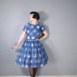 60s HERMAN MARCUS BRIGHT BLUE AND WHITE CHECK DAY DRESS - S-M