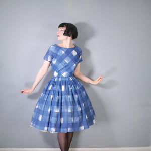 60s HERMAN MARCUS BRIGHT BLUE AND WHITE CHECK DAY DRESS - S-M