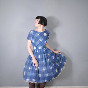 60s HERMAN MARCUS BRIGHT BLUE AND WHITE CHECK DAY DRESS - S-M