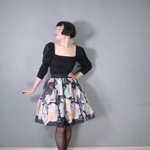 BLACK 50s 60s NOVELTY SKIRT IN THEATRICAL PRINT WITH HOLLYWOOD STARS - 27-28"