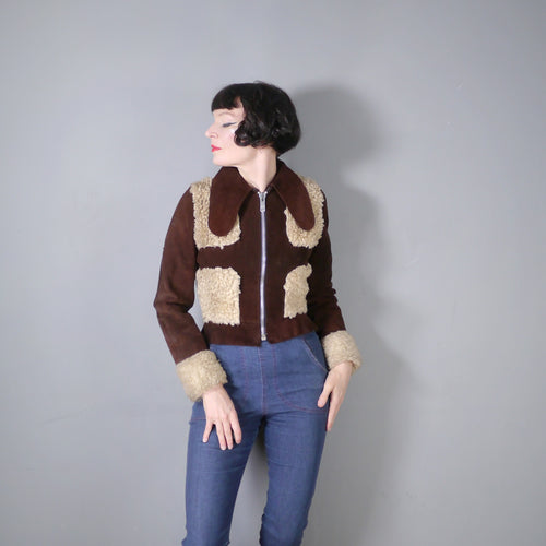 60s 70s BROWN CROPPED SUEDE JACKET WITH FLEECE PATCHWORK AND DOGEAR COLLAR - S