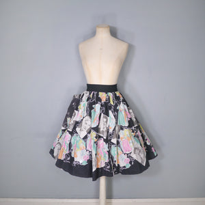 BLACK 50s 60s NOVELTY SKIRT IN THEATRICAL PRINT WITH HOLLYWOOD STARS - 27-28"