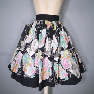 BLACK 50s 60s NOVELTY SKIRT IN THEATRICAL PRINT WITH HOLLYWOOD STARS - 27-28"