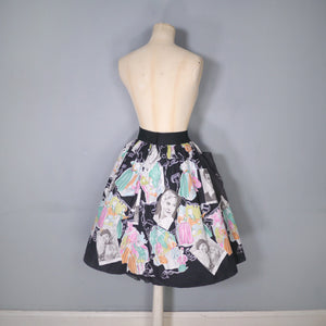 BLACK 50s 60s NOVELTY SKIRT IN THEATRICAL PRINT WITH HOLLYWOOD STARS - 27-28"
