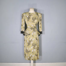 Load image into Gallery viewer, 40s OLIVE GREEN FLORAL PEPLUM STRONG SHOULDERED SILKY RAYON TEA DRESS - XS