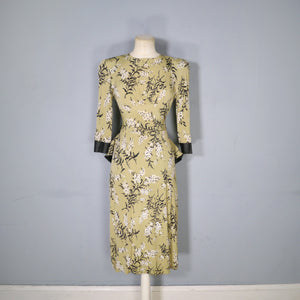 40s OLIVE GREEN FLORAL PEPLUM STRONG SHOULDERED SILKY RAYON TEA DRESS - XS