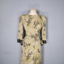 Load image into Gallery viewer, 40s OLIVE GREEN FLORAL PEPLUM STRONG SHOULDERED SILKY RAYON TEA DRESS - XS