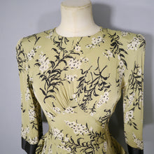 Load image into Gallery viewer, 40s OLIVE GREEN FLORAL PEPLUM STRONG SHOULDERED SILKY RAYON TEA DRESS - XS