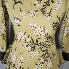 Load image into Gallery viewer, 40s OLIVE GREEN FLORAL PEPLUM STRONG SHOULDERED SILKY RAYON TEA DRESS - XS