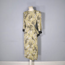 Load image into Gallery viewer, 40s OLIVE GREEN FLORAL PEPLUM STRONG SHOULDERED SILKY RAYON TEA DRESS - XS