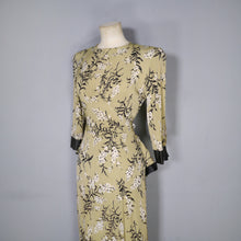 Load image into Gallery viewer, 40s OLIVE GREEN FLORAL PEPLUM STRONG SHOULDERED SILKY RAYON TEA DRESS - XS