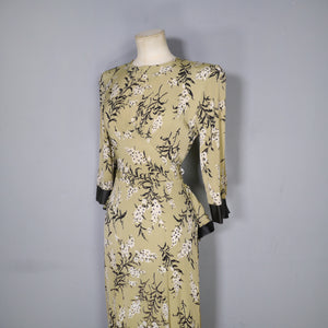 40s OLIVE GREEN FLORAL PEPLUM STRONG SHOULDERED SILKY RAYON TEA DRESS - XS