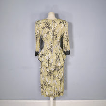 Load image into Gallery viewer, 40s OLIVE GREEN FLORAL PEPLUM STRONG SHOULDERED SILKY RAYON TEA DRESS - XS