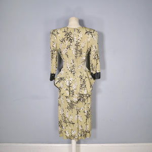 40s OLIVE GREEN FLORAL PEPLUM STRONG SHOULDERED SILKY RAYON TEA DRESS - XS