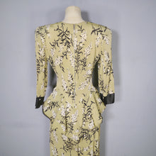 Load image into Gallery viewer, 40s OLIVE GREEN FLORAL PEPLUM STRONG SHOULDERED SILKY RAYON TEA DRESS - XS