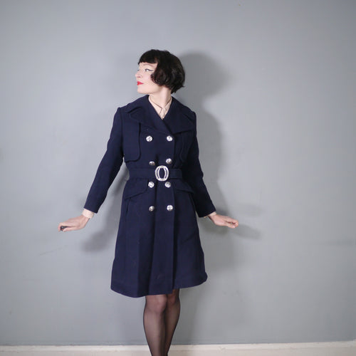 60s MARINE BLUE DOUBLE BREASTED BELTED WOOL TRENCH COAT - S