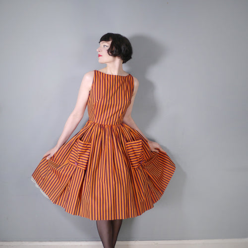 50s BERKERTEX CONTINENTALS ORANGE AND BROWN STRIPE COTTON DRESS - S