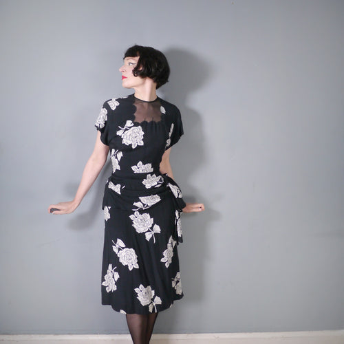 40s GOTHIC BLACK AND WHITE BIG ROSE PRINT DRAPED RAYON DRESS WITH MESH NECK - M