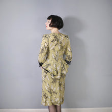 Load image into Gallery viewer, 40s OLIVE GREEN FLORAL PEPLUM STRONG SHOULDERED SILKY RAYON TEA DRESS - XS