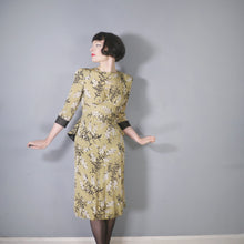 Load image into Gallery viewer, 40s OLIVE GREEN FLORAL PEPLUM STRONG SHOULDERED SILKY RAYON TEA DRESS - XS