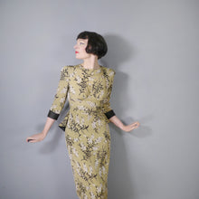 Load image into Gallery viewer, 40s OLIVE GREEN FLORAL PEPLUM STRONG SHOULDERED SILKY RAYON TEA DRESS - XS