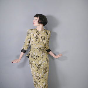 40s OLIVE GREEN FLORAL PEPLUM STRONG SHOULDERED SILKY RAYON TEA DRESS - XS