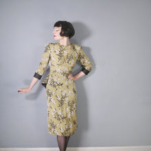 Load image into Gallery viewer, 40s OLIVE GREEN FLORAL PEPLUM STRONG SHOULDERED SILKY RAYON TEA DRESS - XS