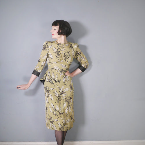 40s OLIVE GREEN FLORAL PEPLUM STRONG SHOULDERED SILKY RAYON TEA DRESS - XS