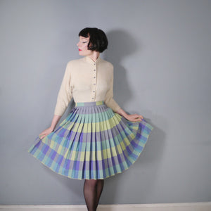 60s PURPLE BLUE AND GREEN REVERSIBLE PLEATED WOOL SKIRT - 25.5"