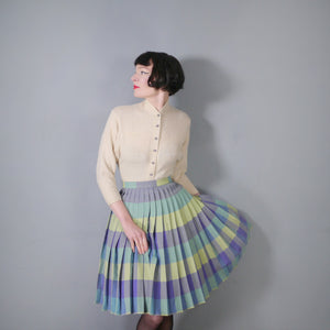 60s PURPLE BLUE AND GREEN REVERSIBLE PLEATED WOOL SKIRT - 25.5"