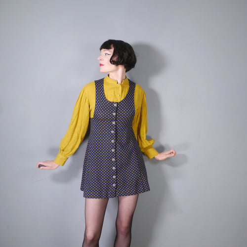 60s 70s NAVY AND YELLOW POLKA DOT PONTE KNIT PINAFORE DRESS - S