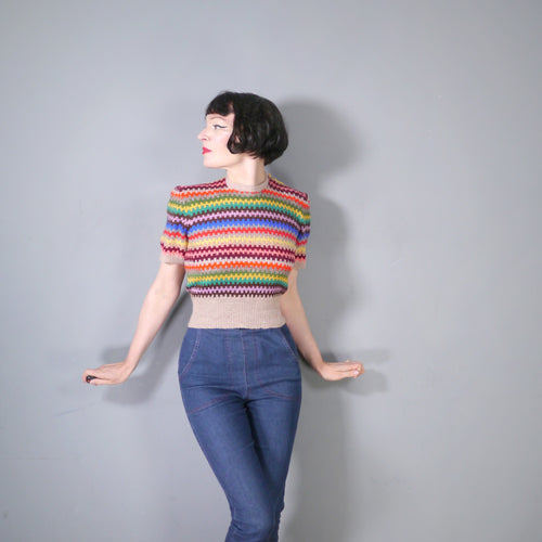 HANDKNITTED 40s STYLE COLOURFUL PATTERN WOOL JUMPER - S-M