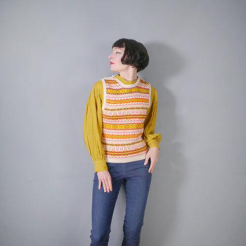 70s ORANGE YELLOW AND BEIGE FAIRISLE TANK TOP JUMPER - S