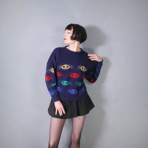 AMAZING HAPPY SPIDER PATTERN 80s BLUE WOOL JUMPER - free size