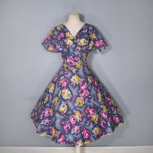 Load image into Gallery viewer, 50s 60s HANDMADE DARK FLORAL GREY YELLOW AND PINK COTTON DRESS - M