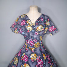 Load image into Gallery viewer, 50s 60s HANDMADE DARK FLORAL GREY YELLOW AND PINK COTTON DRESS - M