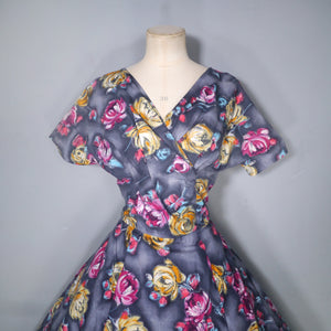 50s 60s HANDMADE DARK FLORAL GREY YELLOW AND PINK COTTON DRESS - M