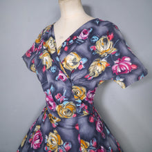 Load image into Gallery viewer, 50s 60s HANDMADE DARK FLORAL GREY YELLOW AND PINK COTTON DRESS - M